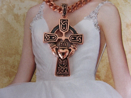 Solid Copper Celtic Cross Claddagh Pendant and 20 inch solid copper chain set #CTP1704